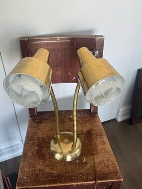 Vintage MCM Brass Double Gooseneck Desk Lamp Twin Head MidCentury Modern